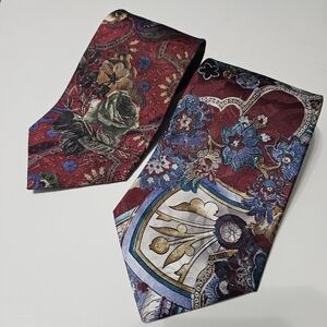 Pair of Van Heusen Polyester Mens Neck Ties Red Blue Floral Patterns Business